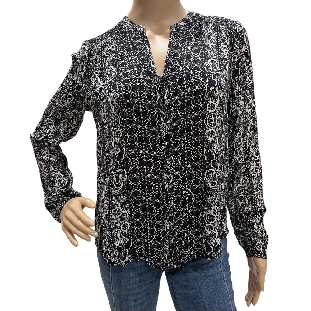 LUCKY BRAND Women's Sheer Black & White Button Down Sheer Blouse Sz XS